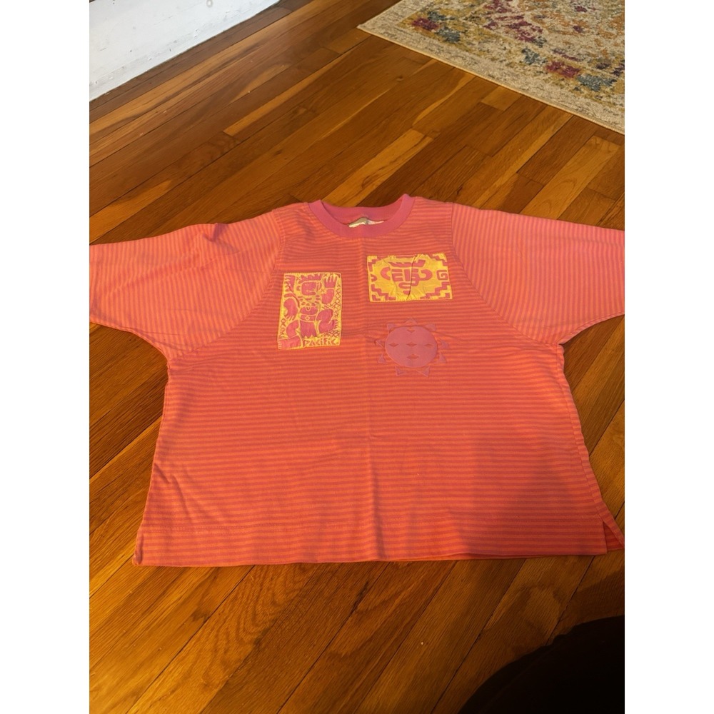 Vintage‎ Women's OP Ocean Pacific Pink Striped Graphic Shirt 80s/90s M BOXY FIT